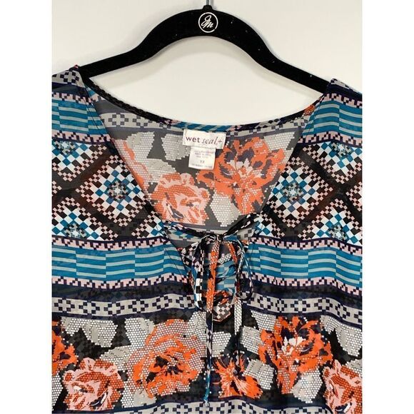 Wet Seal Women's Floral V Neck Tie Balloon Sleeve Blouse Multicolor Size 1X - Picture 3 of 8